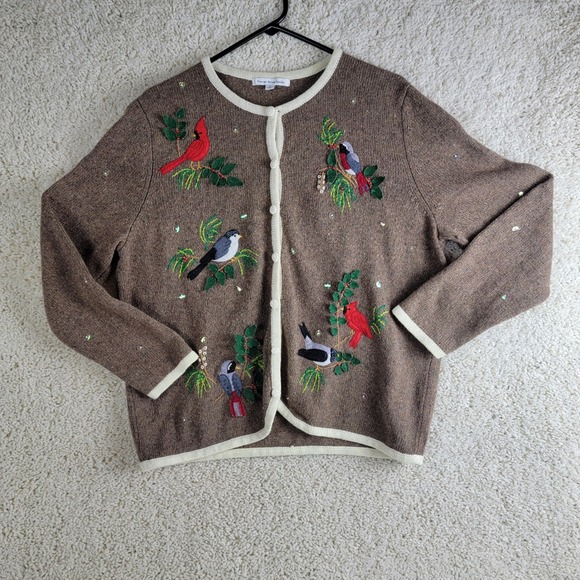 Mercer Street Studio Sweaters - Mercer Street Studio Women's Cardinal Bird Embroidered Knit Cardigan Sweater XL